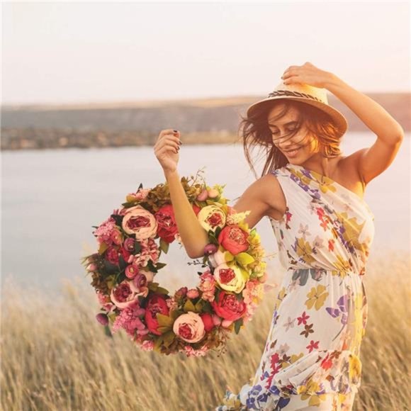 Artificial Peony Flower Wreath 19Inch Vintage Blooming SilkPeonies Spring Summer - Picture 3 of 8